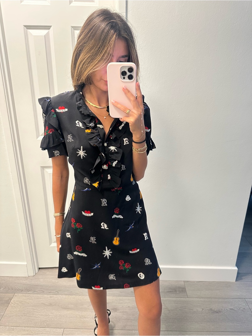 Sandro “Wendy” Ruffle-Trim Tattoo Print Silk Mini Dress